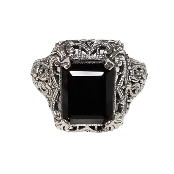 Square Black Stone Vintage Silver Ring - Picture 1 of 7